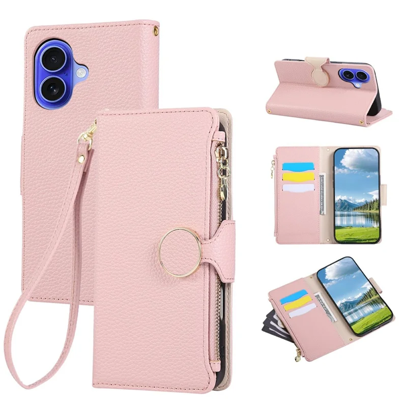 For iPhone 16 Case Zipper Wallet Leather Phone Cover with Wrist Strap - Pink