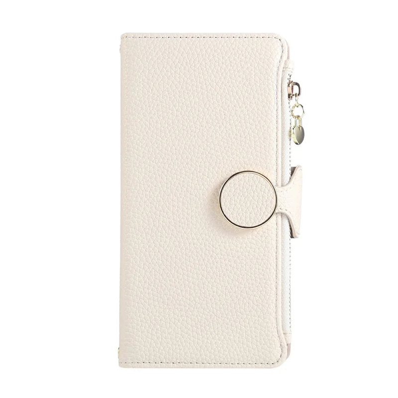 For iPhone 15 Pro Max Case Zipper Wallet Leather Phone Cover with Wrist Strap - Beige