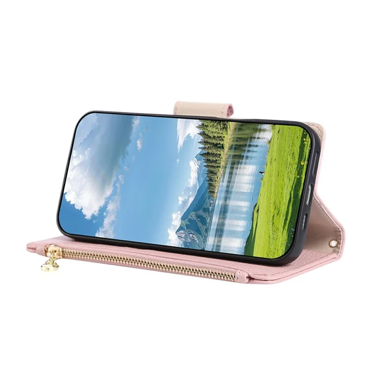 For iPhone 15 Pro Case Zipper Wallet Leather Phone Cover with Wrist Strap - Pink