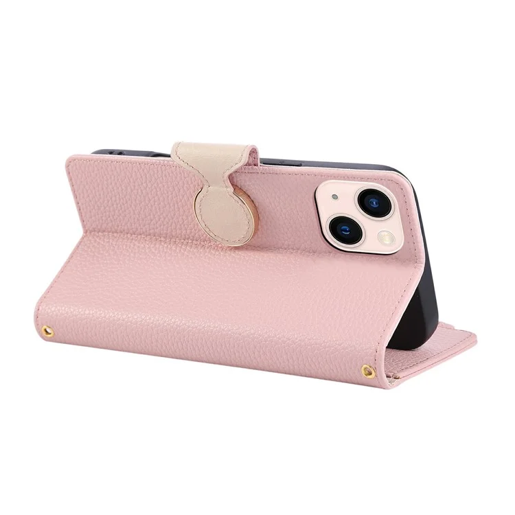 For iPhone 15 Case Zipper Wallet Leather Phone Cover with Wrist Strap - Pink