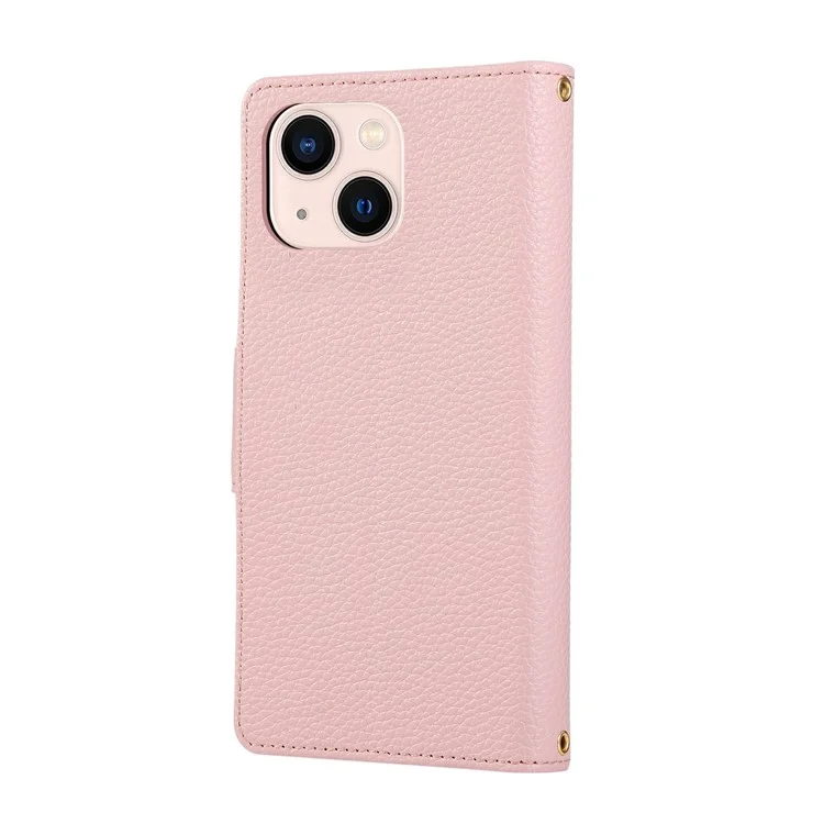 For iPhone 15 Case Zipper Wallet Leather Phone Cover with Wrist Strap - Pink