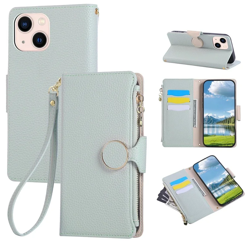 For iPhone 15 Case Zipper Wallet Leather Phone Cover with Wrist Strap - Cyan