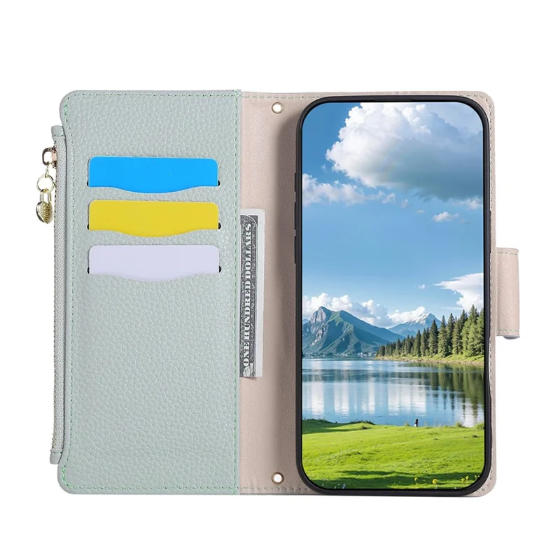 For iPhone 15 Case Zipper Wallet Leather Phone Cover with Wrist Strap - Cyan