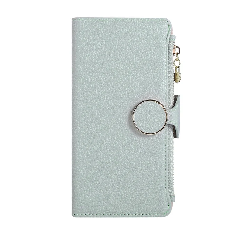 For iPhone 15 Case Zipper Wallet Leather Phone Cover with Wrist Strap - Cyan