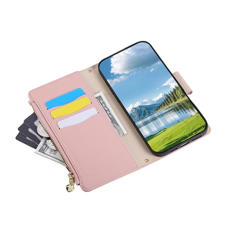 For Samsung Galaxy S25+ / S24+ Case Zipper Wallet Leather Phone Cover with Wrist Strap - Pink