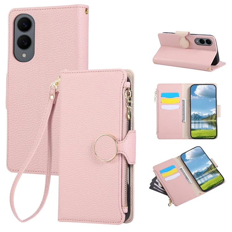 For Samsung Galaxy S25 Edge Case Zipper Wallet Leather Phone Cover with Wrist Strap - Pink