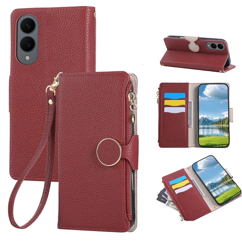 For Samsung Galaxy S25 Edge Case Zipper Wallet Leather Phone Cover with Wrist Strap - Wine Red