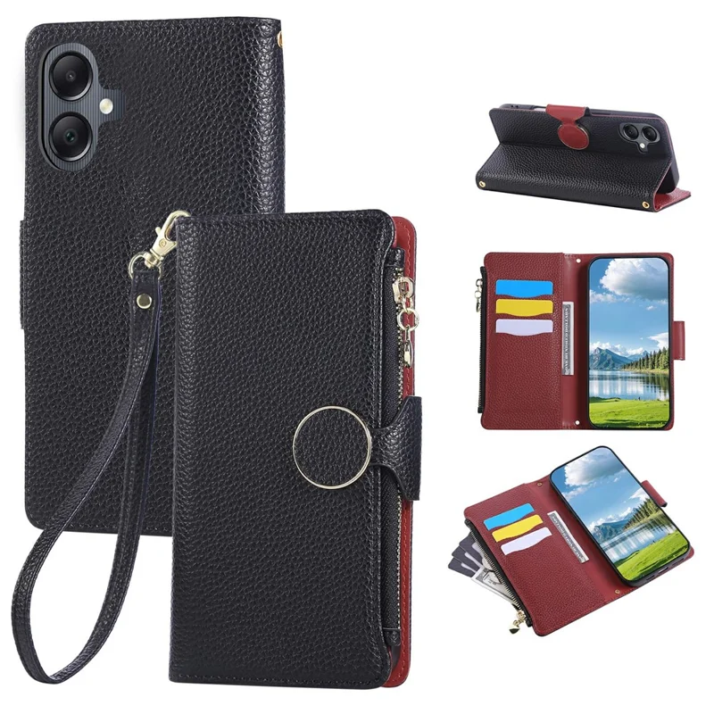 Til Samsung Galaxy A05 4G Taskase med lynlåsewallet Læderet telefonbeskytning med håndbånd - Sort