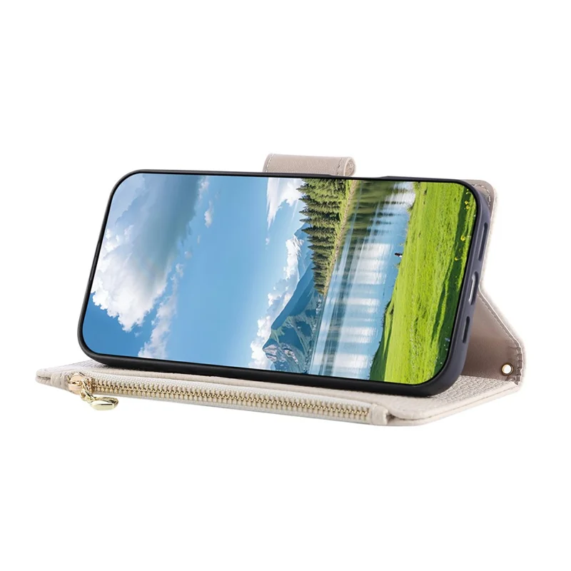 Til iPhone 16e hylse med lynlåsewallet og læderdæksel med håndledsrem - beige