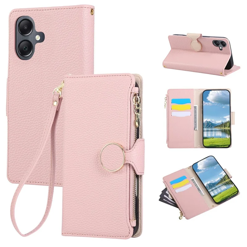 For Samsung Galaxy A06 4G / 5G Case Zipper Wallet Leather Phone Cover with Wrist Strap - Pink