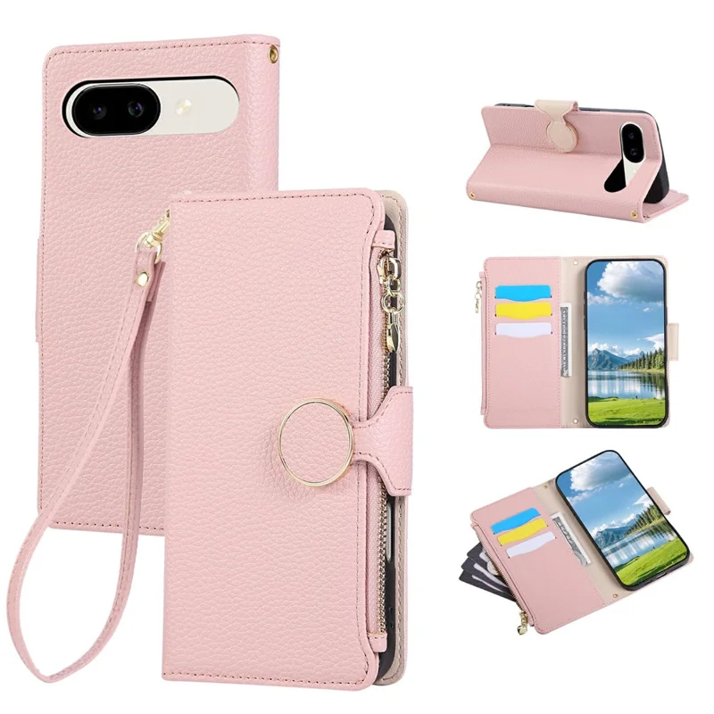 Obudowa z portfelem na Google Pixel 9a, skórzana obudowa z zamkiem i paskiem na nadgarstek - różowy