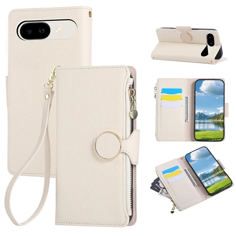 For Google Pixel 9a Case Zipper Wallet Leather Phone Cover with Wrist Strap - Beige