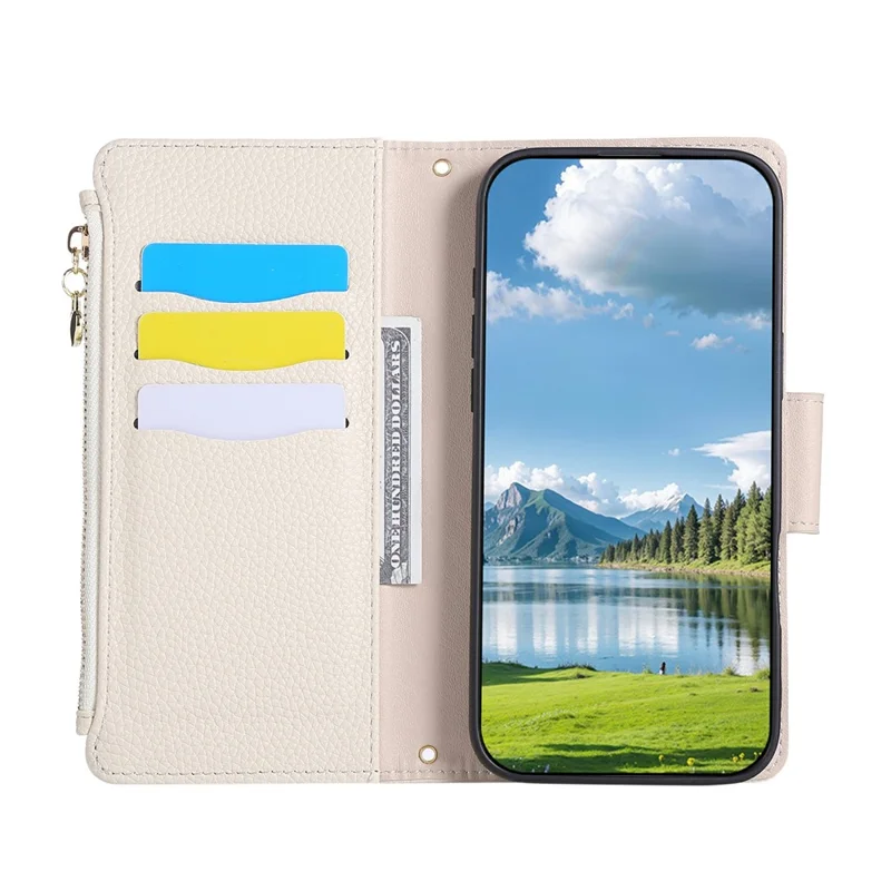 For Google Pixel 9a Case Zipper Wallet Leather Phone Cover with Wrist Strap - Beige