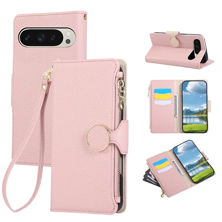 For Google Pixel 9 / 9 Pro Case Zipper Wallet Leather Phone Cover with Wrist Strap - Pink