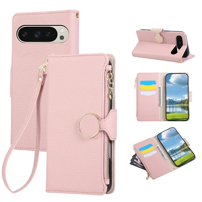 For Google Pixel 9 Pro XL Case Zipper Wallet Leather Phone Cover with Wrist Strap - Pink