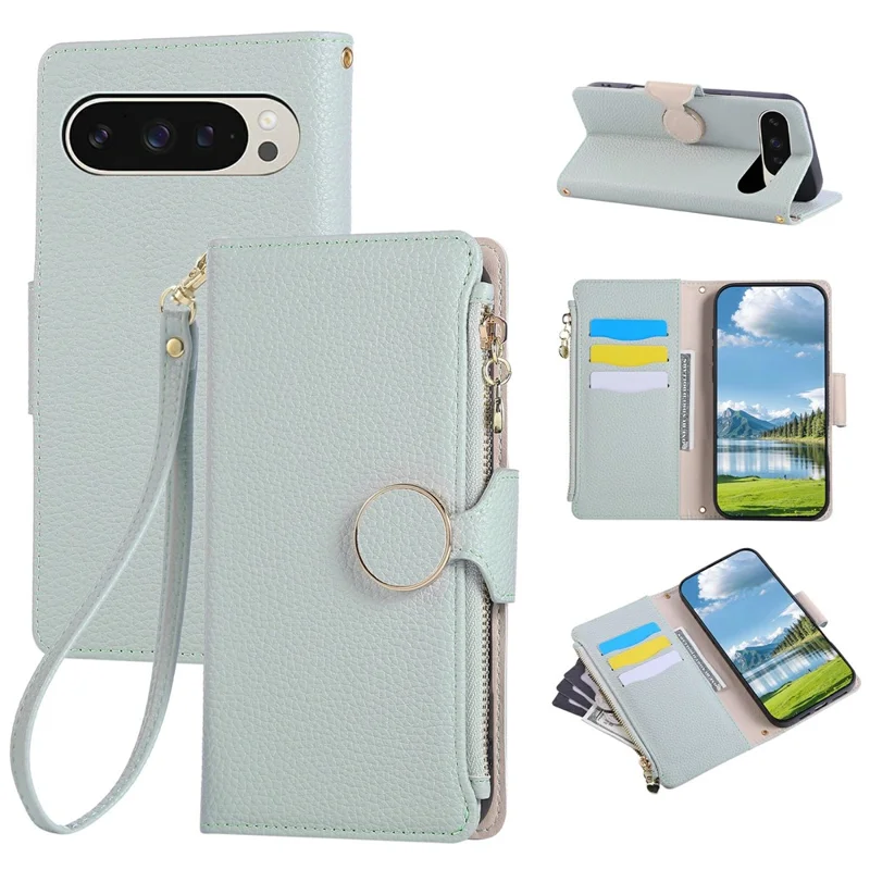 For Google Pixel 9 Pro XL Case Zipper Wallet Leather Phone Cover with Wrist Strap - Cyan