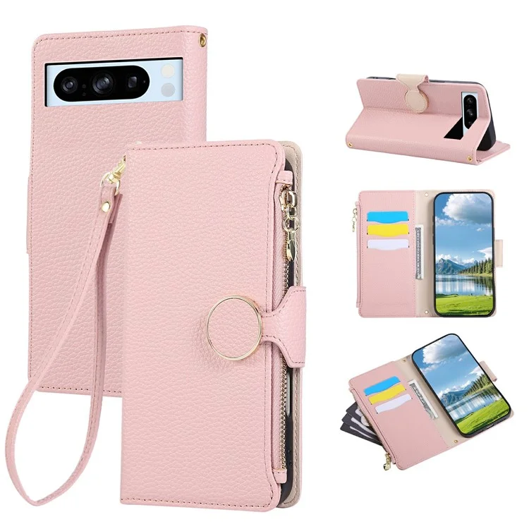 For Google Pixel 8 Pro Case Zipper Wallet Leather Phone Cover with Wrist Strap - Pink