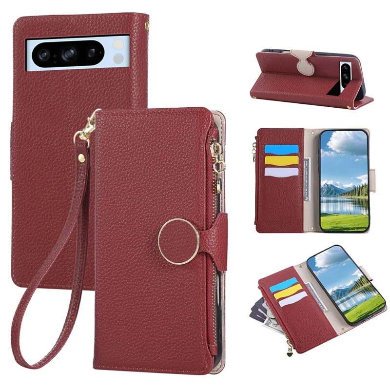 For Google Pixel 8 Pro Case Zipper Wallet Leather Phone Cover with Wrist Strap - Wine Red