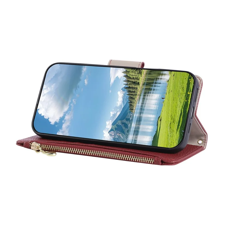 For Google Pixel 8 Pro Case Zipper Wallet Leather Phone Cover with Wrist Strap - Wine Red