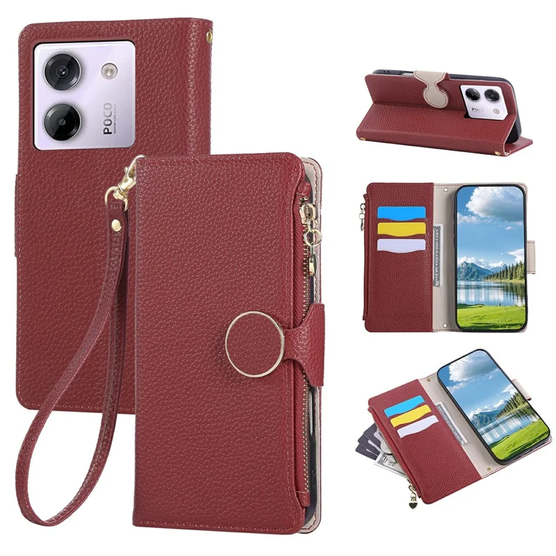 For Xiaomi Poco M7 Pro 5G Case Zipper Wallet Leather Phone Cover with Wrist Strap - Wine Red
