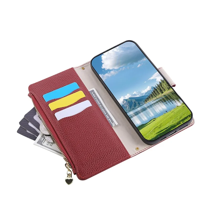 For Xiaomi Poco M7 Pro 5G Case Zipper Wallet Leather Phone Cover with Wrist Strap - Wine Red