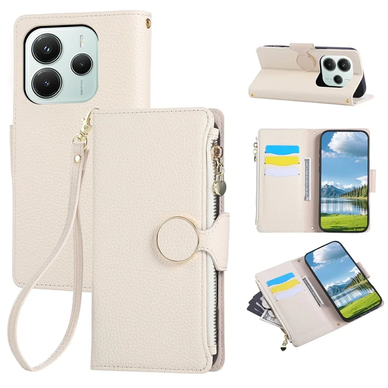 For Xiaomi Redmi Note 14 5G Case Zipper Wallet Leather Phone Cover with Wrist Strap - Beige