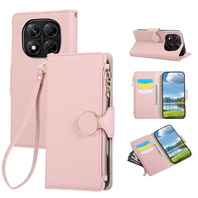 Phone Case For Xiaomi Redmi Note 14 Pro 5G / Note 14 Pro+ 5G / Poco X7 5G , Zipper Wallet Leather Cover with Wrist Strap - Pink