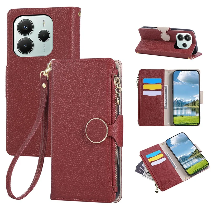For Xiaomi Redmi Note 14 4G (163.25mm) Case Zipper Wallet Leather Phone Cover with Wrist Strap - Wine Red