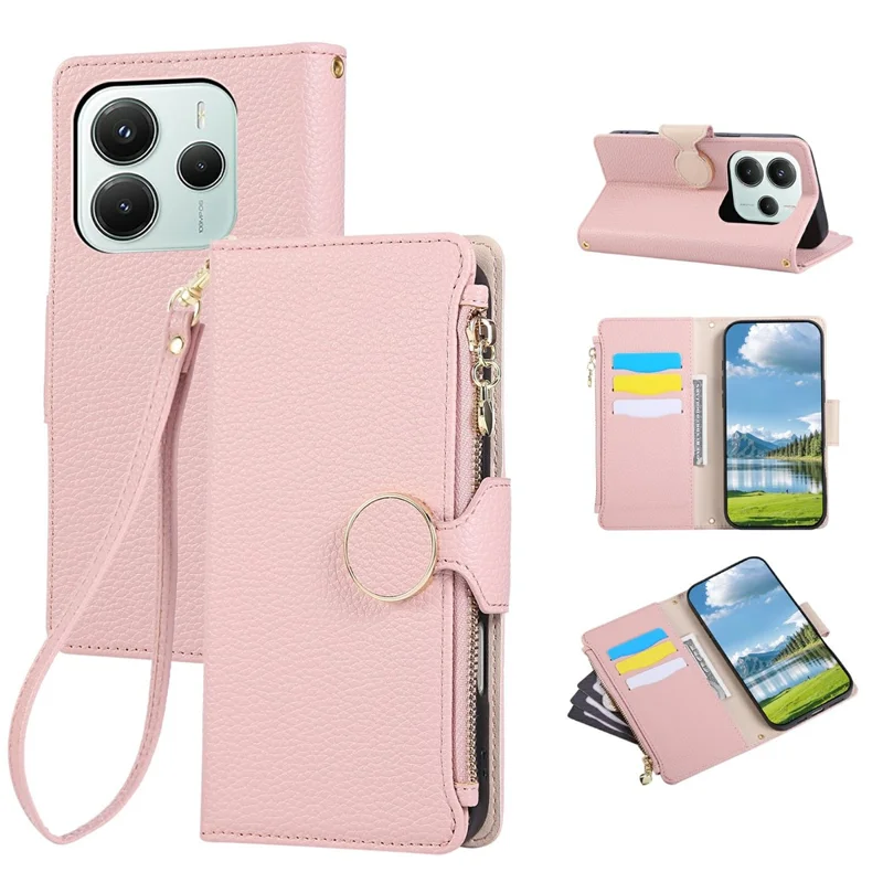 For Xiaomi Redmi Note 14 4G (164.84mm) Case Zipper Wallet Leather Phone Cover with Wrist Strap - Pink