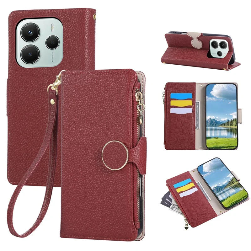 For Xiaomi Redmi Note 14 4G (164.84mm) Case Zipper Wallet Leather Phone Cover with Wrist Strap - Wine Red