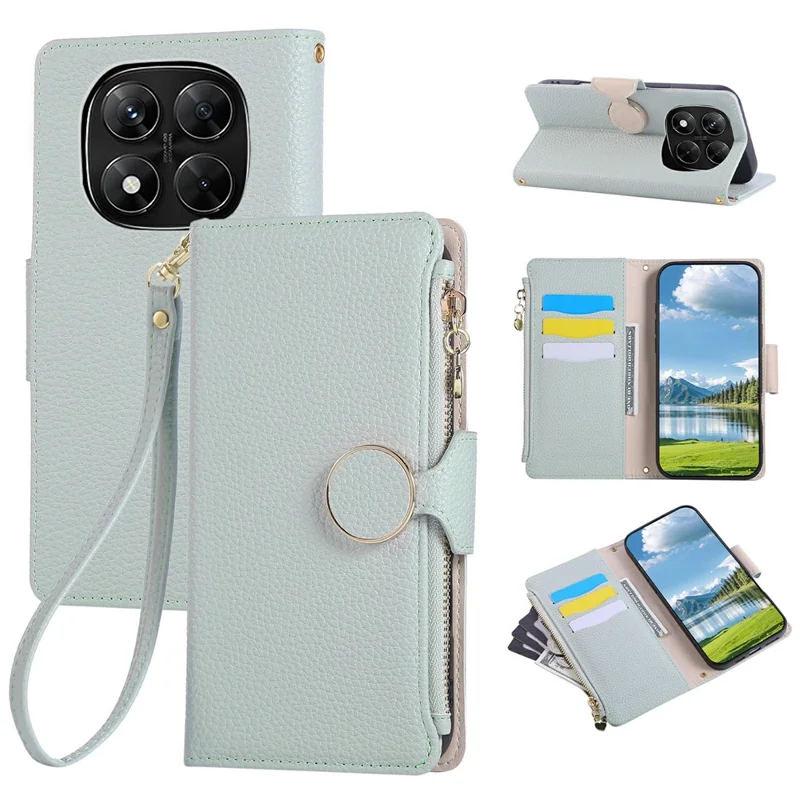 For Xiaomi Redmi Note 14 Pro 4G Case Zipper Wallet Leather Phone Cover with Wrist Strap - Cyan