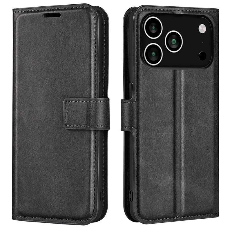 For iPhone 18 Pro / 17 Pro Stand Case Anti-Scratch Calf Texture Leather Phone Cover - Black