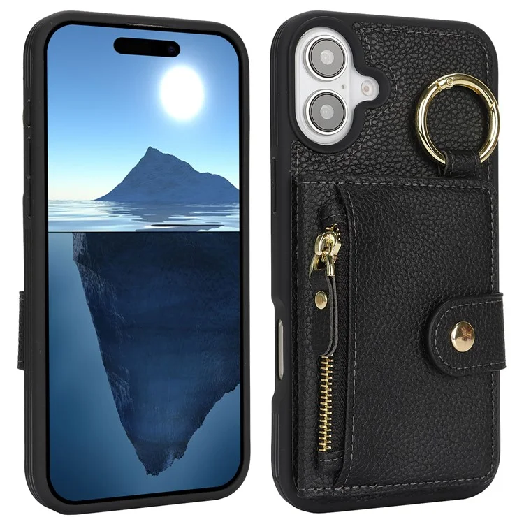 Für iPhone 16 Hülle Litchi-Textur PU-Leder + TPU Reißverschluss-Geldbörse Ständer Handyhülle - Schwarz