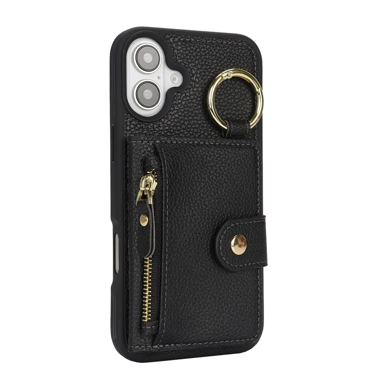 Für iPhone 16 Hülle Litchi-Textur PU-Leder + TPU Reißverschluss-Geldbörse Ständer Handyhülle - Schwarz