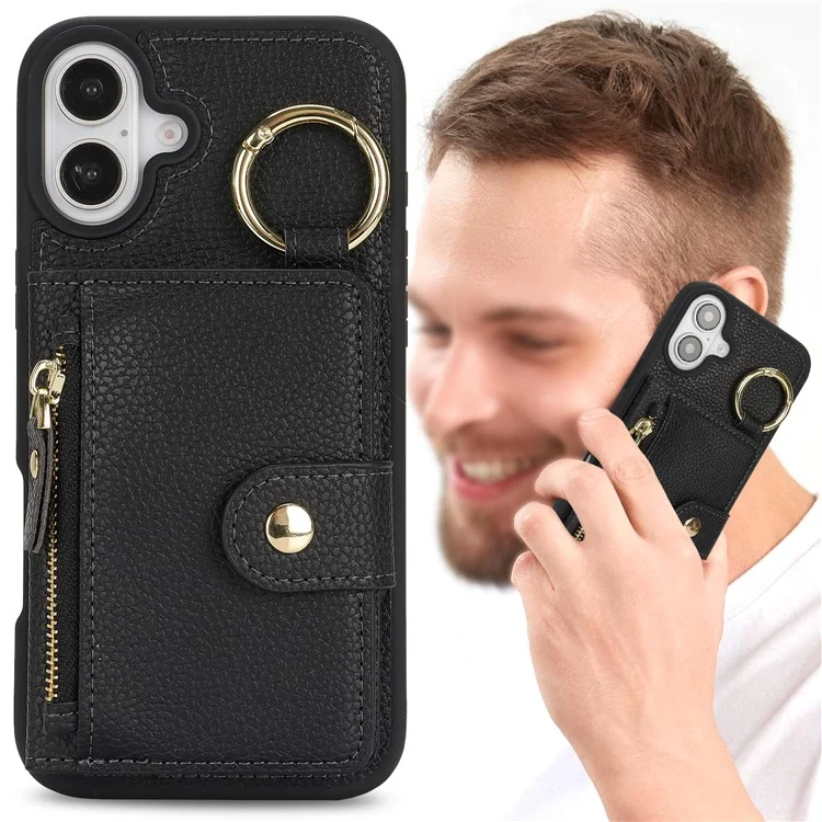 Für iPhone 16 Hülle Litchi-Textur PU-Leder + TPU Reißverschluss-Geldbörse Ständer Handyhülle - Schwarz