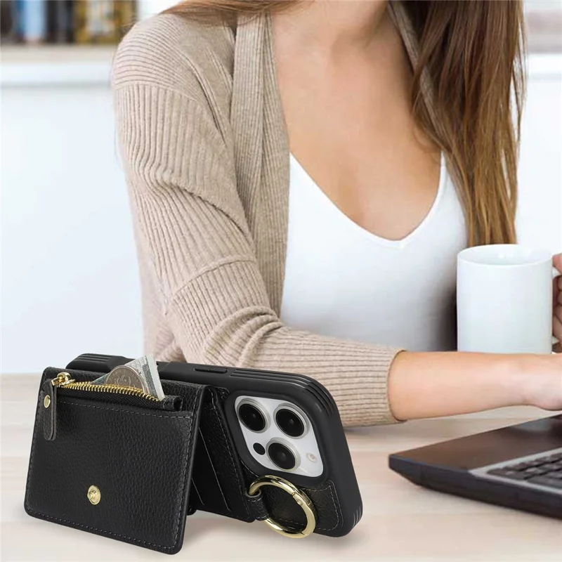 Étui pour iPhone 16 Pro en Cuir PU Texturé Litchi + TPU avec Support et Emplacement pour Carte - Noir