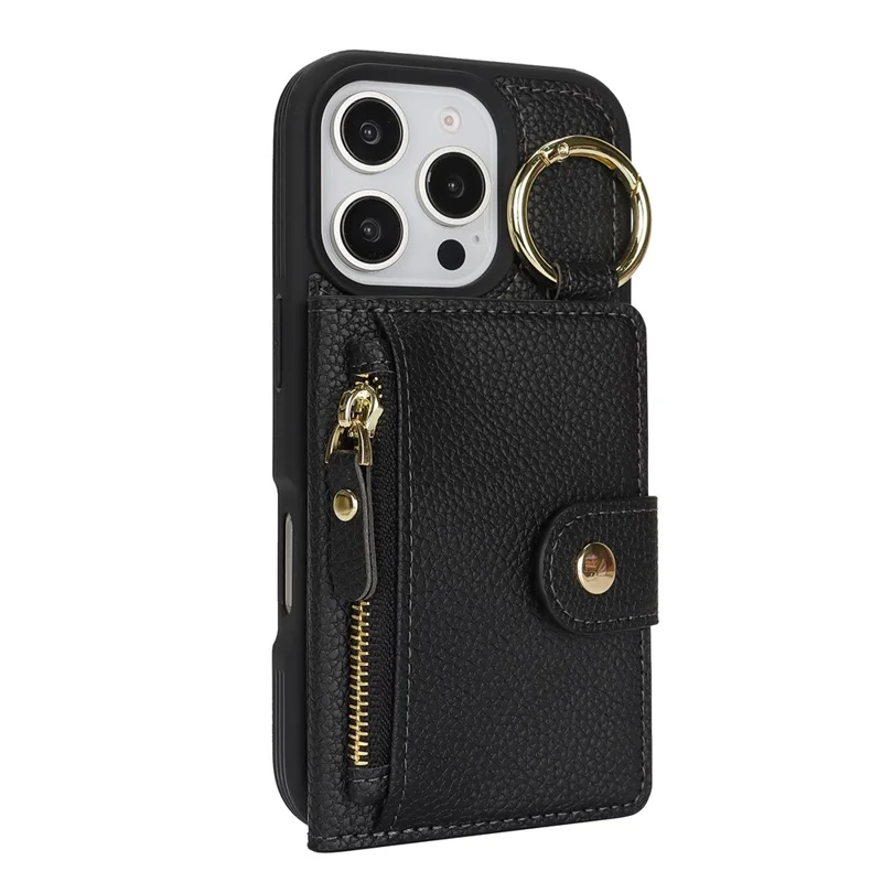 For iPhone 16 Pro Max Case Litchi Textured PU Leather + TPU Kickstand Phone Cover with Card Slot - Black