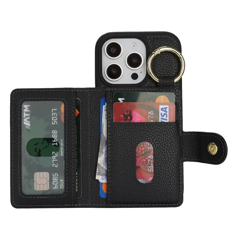 For iPhone 16 Pro Max Case Litchi Textured PU Leather + TPU Kickstand Phone Cover with Card Slot - Black