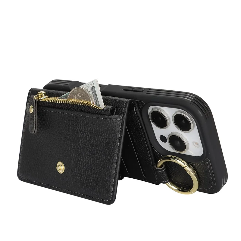 For iPhone 16 Pro Max Case Litchi Textured PU Leather + TPU Kickstand Phone Cover with Card Slot - Black