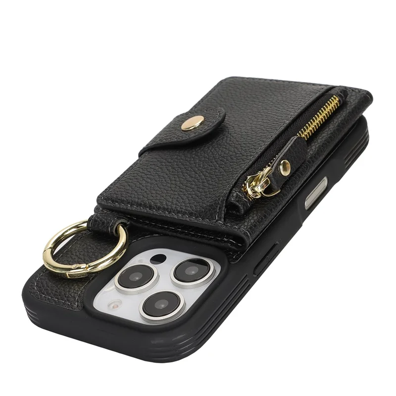 For iPhone 16 Pro Max Case Litchi Textured PU Leather + TPU Kickstand Phone Cover with Card Slot - Black