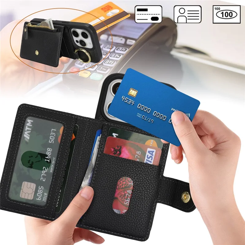 For iPhone 16 Pro Max Case Litchi Textured PU Leather + TPU Kickstand Phone Cover with Card Slot - Black