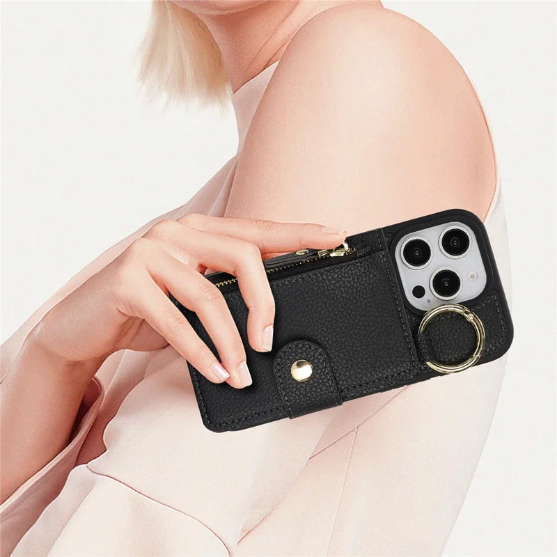For iPhone 16 Pro Max Case Litchi Textured PU Leather + TPU Kickstand Phone Cover with Card Slot - Black