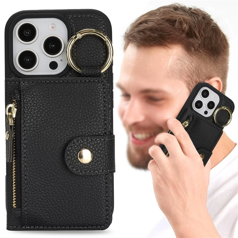 For iPhone 16 Pro Max Case Litchi Textured PU Leather + TPU Kickstand Phone Cover with Card Slot - Black