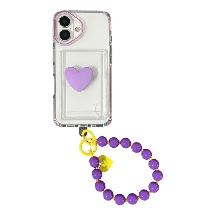 For iPhone 16 Case Card Holder Transparent PC + TPU Shockproof Phone Cover with Beaded Wrist Strap - Plum