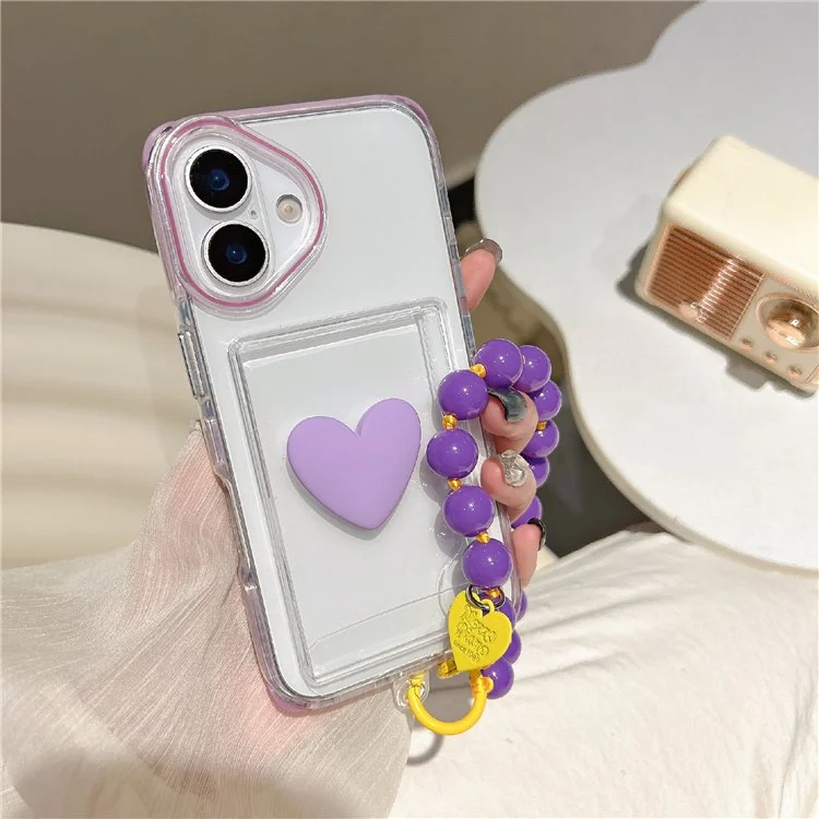 For iPhone 16 Case Card Holder Transparent PC + TPU Shockproof Phone Cover with Beaded Wrist Strap - Plum