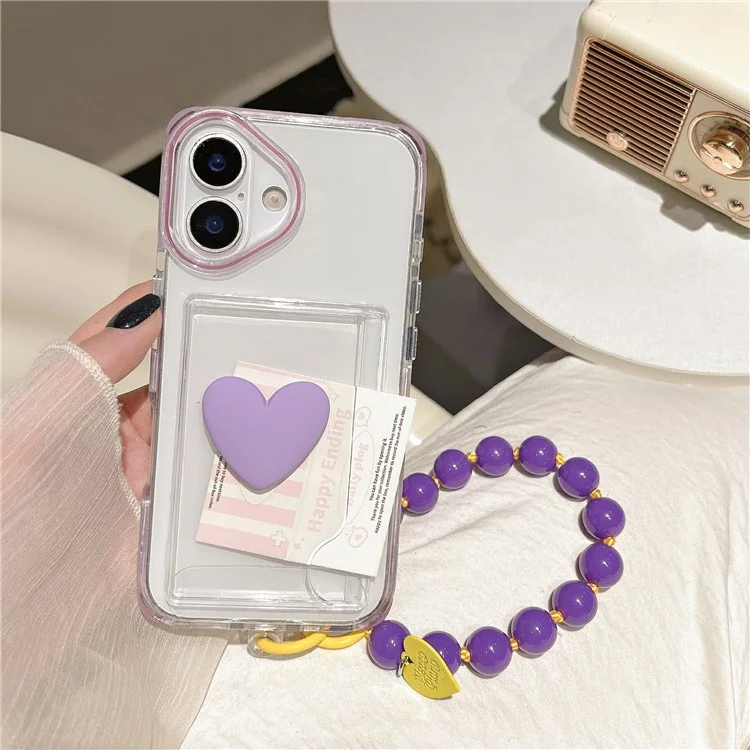 For iPhone 16 Case Card Holder Transparent PC + TPU Shockproof Phone Cover with Beaded Wrist Strap - Plum