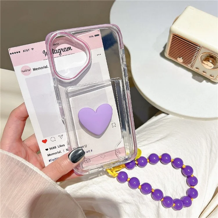 For iPhone 16 Case Card Holder Transparent PC + TPU Shockproof Phone Cover with Beaded Wrist Strap - Plum