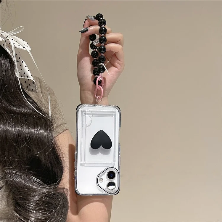 For iPhone 16 Case Card Holder Transparent PC + TPU Shockproof Phone Cover with Beaded Wrist Strap - Plum
