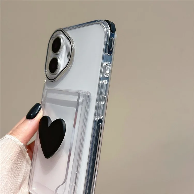 For iPhone 16 Case Card Holder Transparent PC + TPU Shockproof Phone Cover with Beaded Wrist Strap - Plum