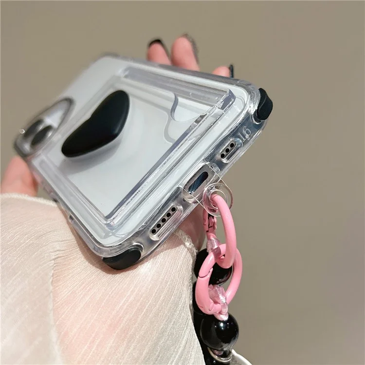 For iPhone 16 Case Card Holder Transparent PC + TPU Shockproof Phone Cover with Beaded Wrist Strap - Plum